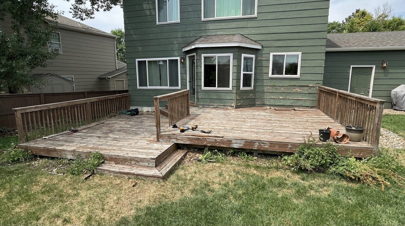 Worn wood deck before rebuild at a Highlands Ranch home, boards greyed and cupping