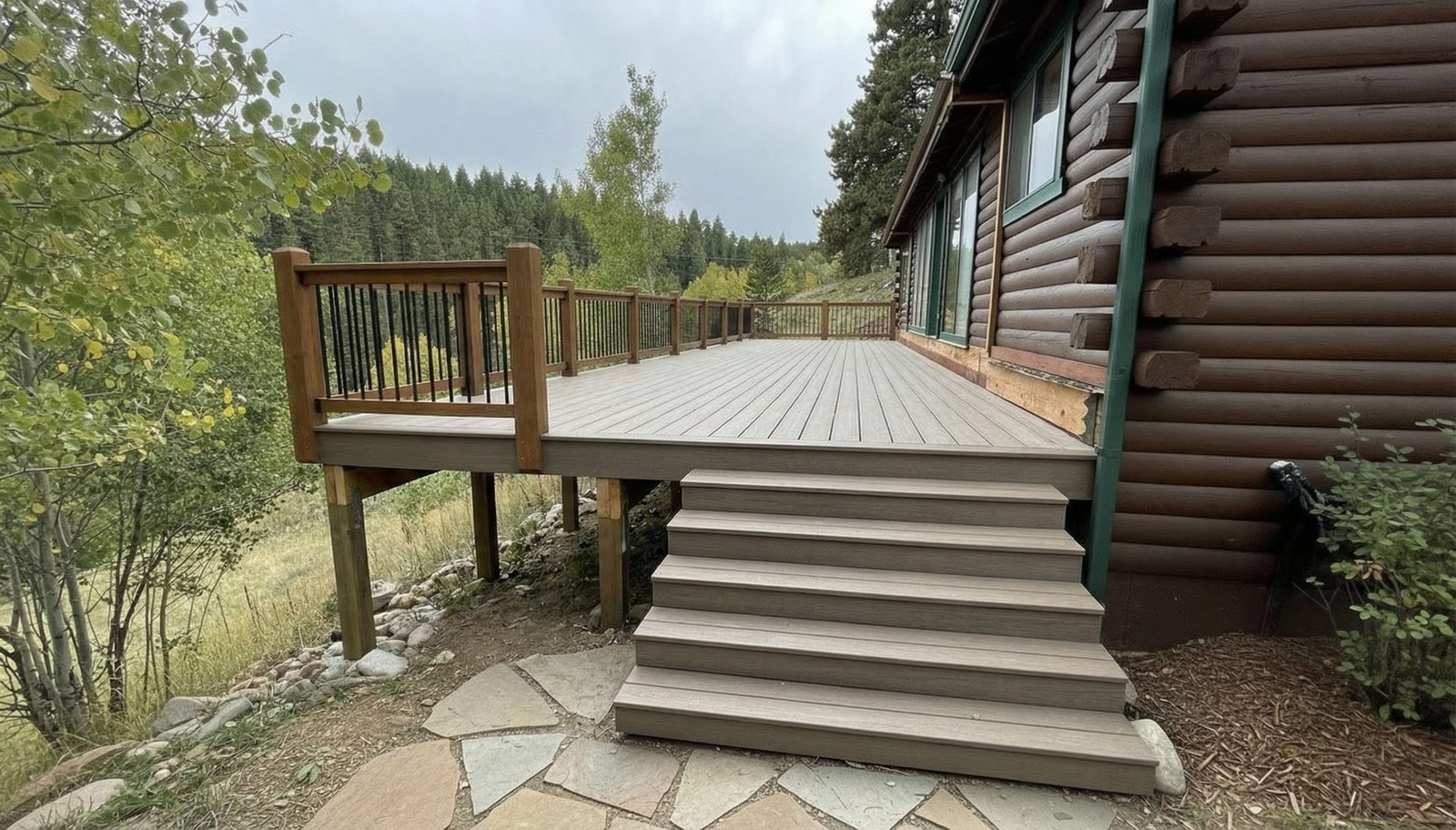 Elevated deck with timber railing and flagstone steps at a Colorado log home