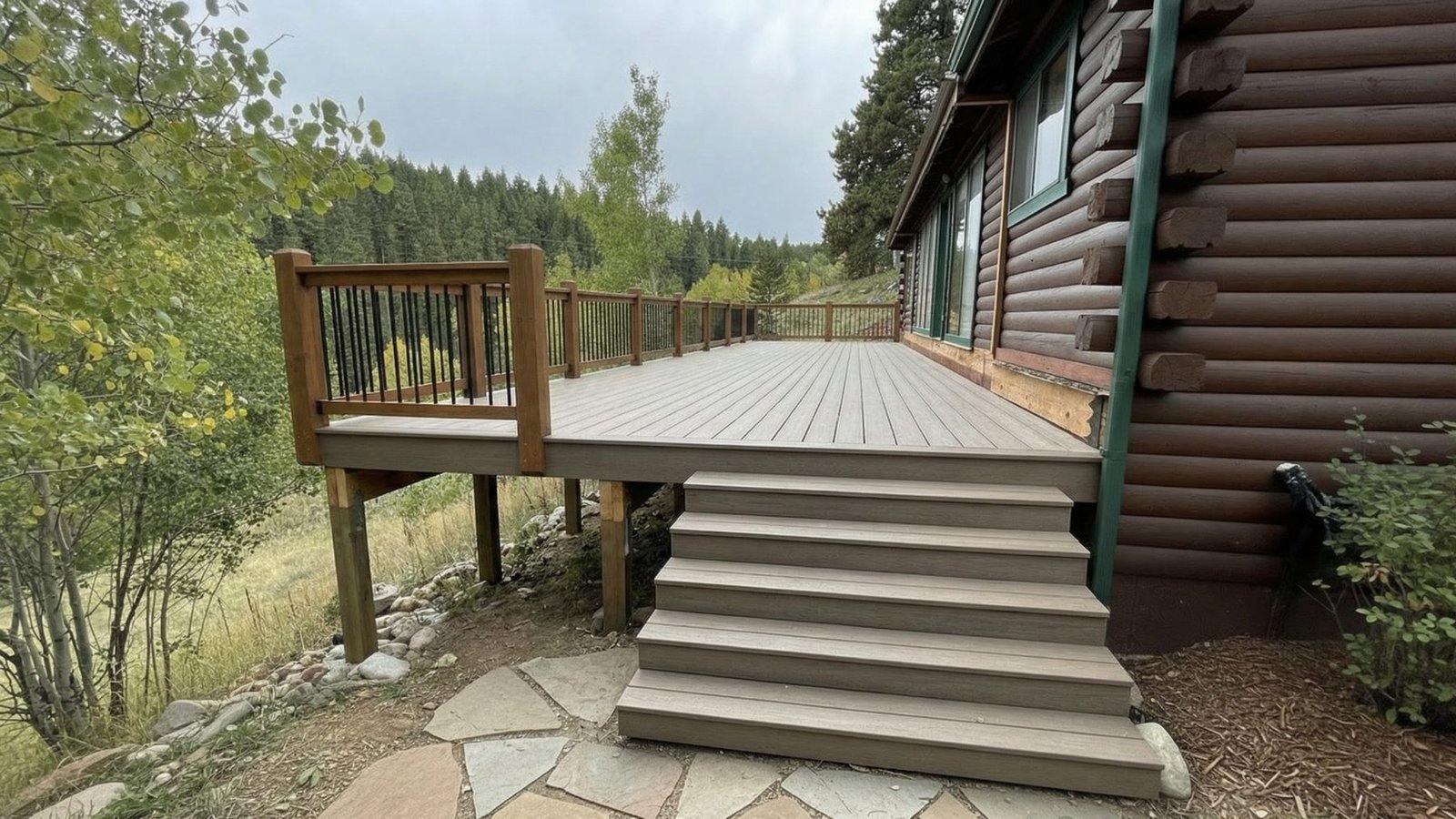 Flagstone steps and stone landing built into a sloped Colorado property